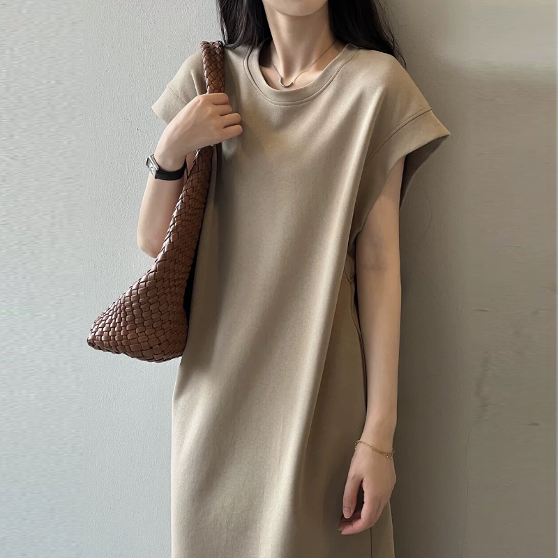 日系質感飛袖棉質洋裝 寬鬆剪裁中長版T恤洋裝