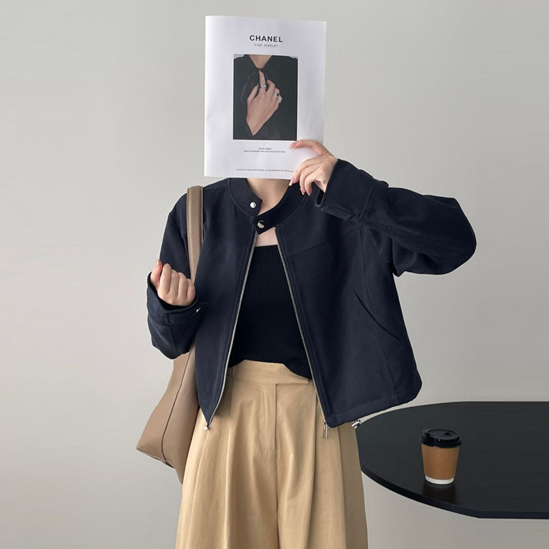 美式復古立領短版夾克 拉鍊門襟 釦帶設計 挺版有型外套