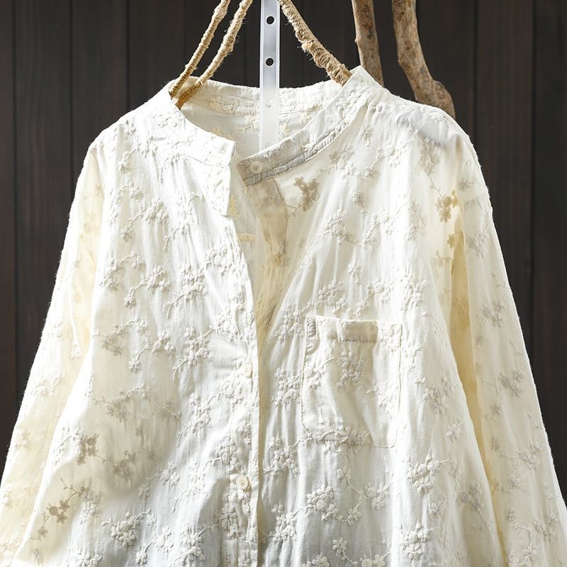 純棉刺繡提花立領襯衫 法式優雅寬版上衣 透氣親膚長袖白襯衫 休閒穿搭學院風顯瘦