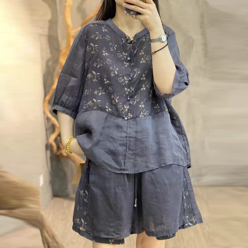 簡約 ‧ 文藝復古印花短袖上衣+短褲(兩件套) 透氣抽繩短褲套裝