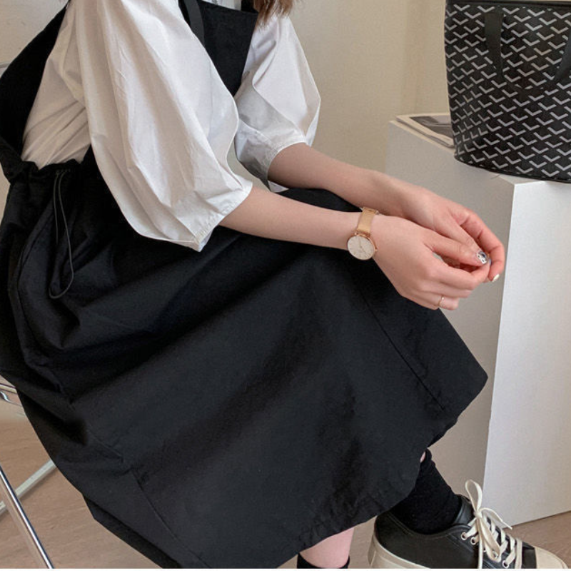 韓版寬鬆背帶裙兩件套-顯瘦收腰設計连身裙 泡泡袖花苞上衣