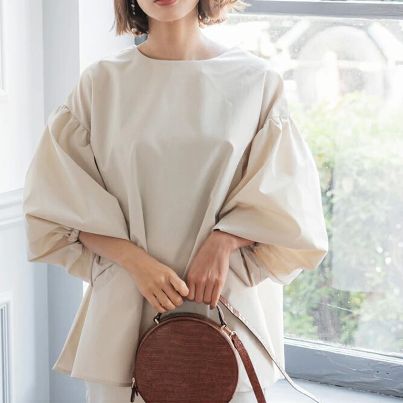 樂天新款 日韓寬鬆大版棉質襯衫 超大燈籠袖圓領五分袖上衣