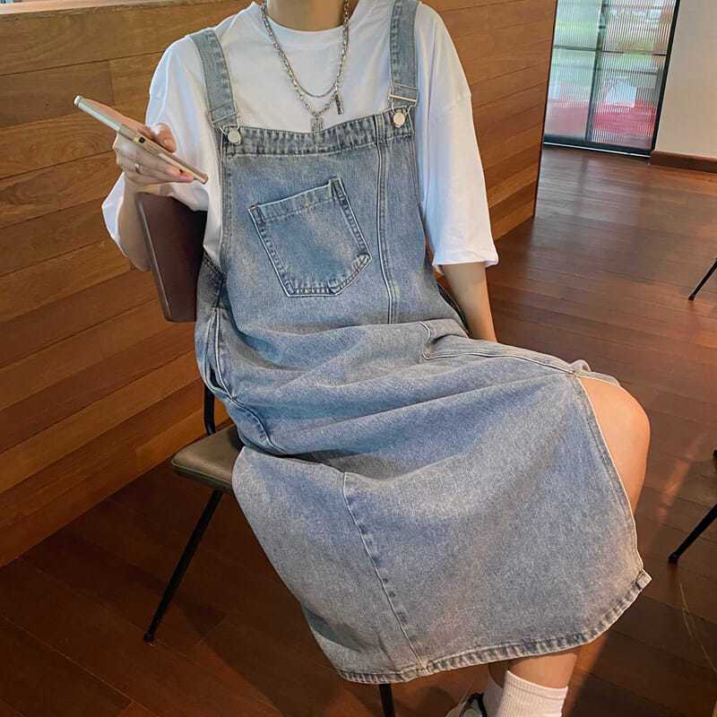 韓系 ‧ 牛仔口袋吊帶連身裙寬鬆大版型胖mm連身洋裝