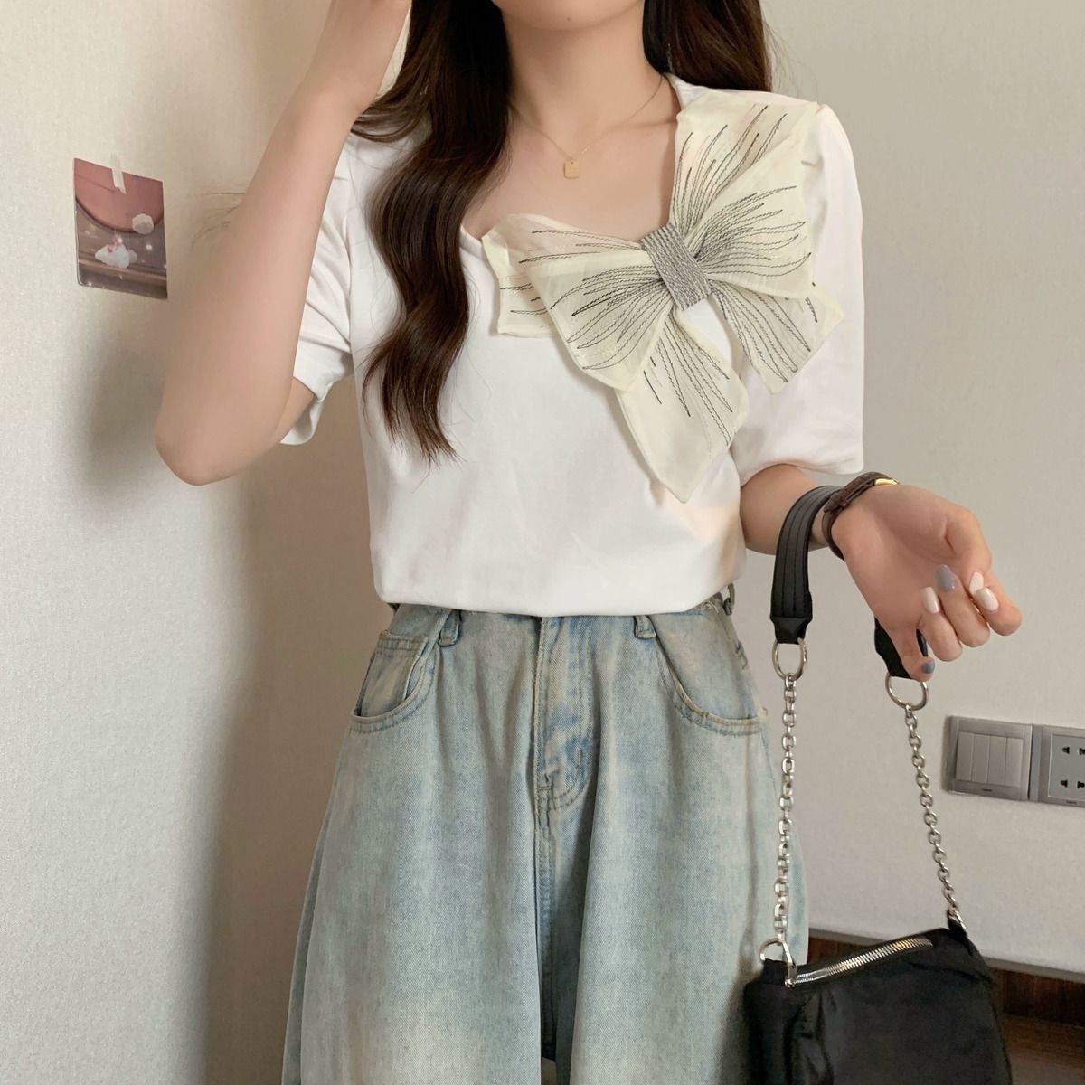 M-4XL蝴蝶結黑色短袖小方領T恤女設計感小眾氣質減齡上衣