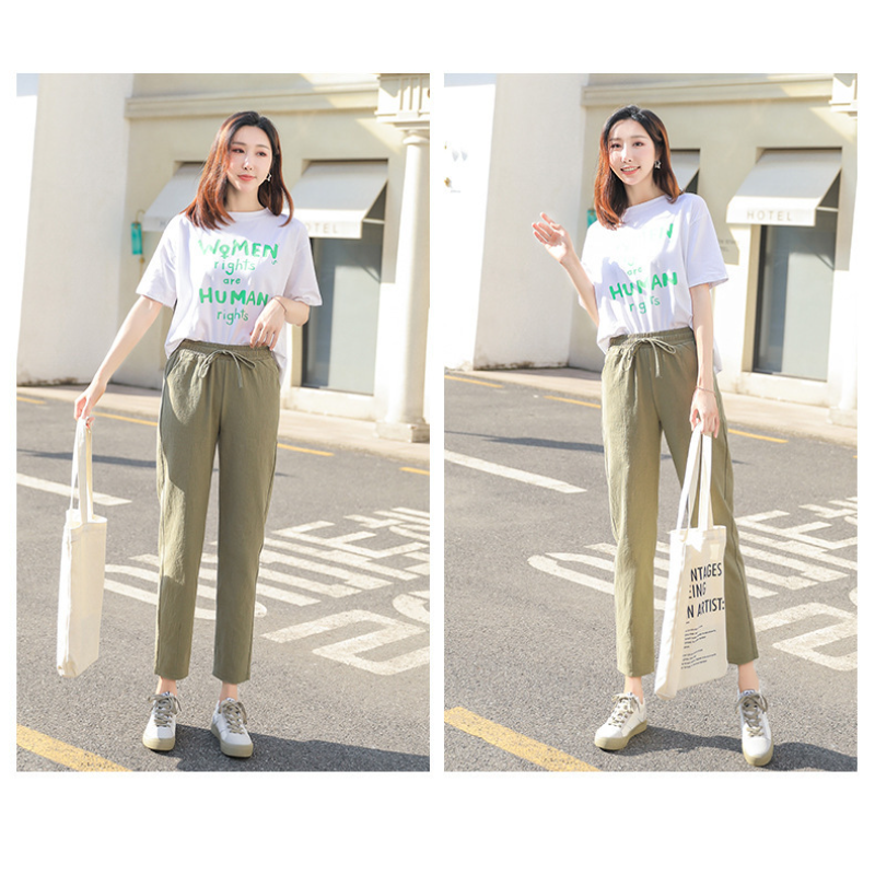 休閒簡約九分褲【8色】百搭綁帶素長褲薄款寬鬆鬆緊腰顯瘦休閒褲