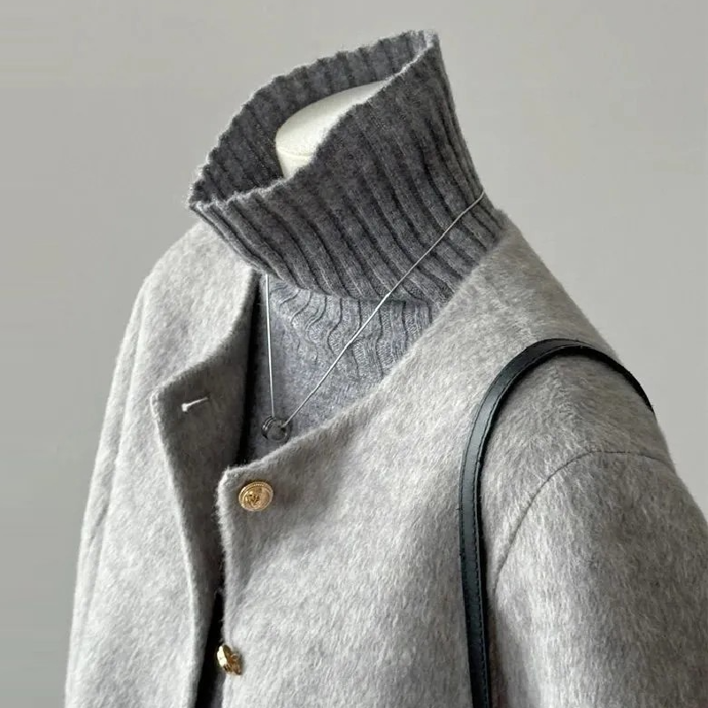 【單品可選】一整套入冬穿搭韓系小香風灰色短款呢料外套+百搭高領毛衣兩件套