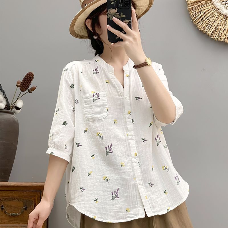 碎花雙層棉紗襯衫 中袖設計 寬鬆舒適 文青風上衣