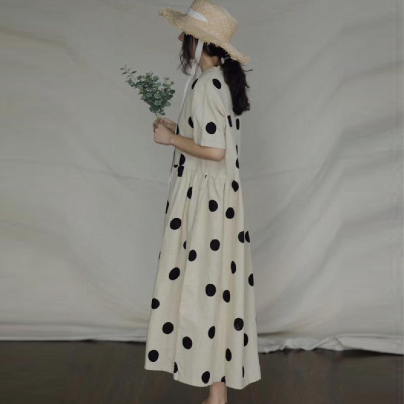 文藝復古波點棉麻長洋 大碼寬鬆棉麻連身裙 復古V領短袖棉麻長裙