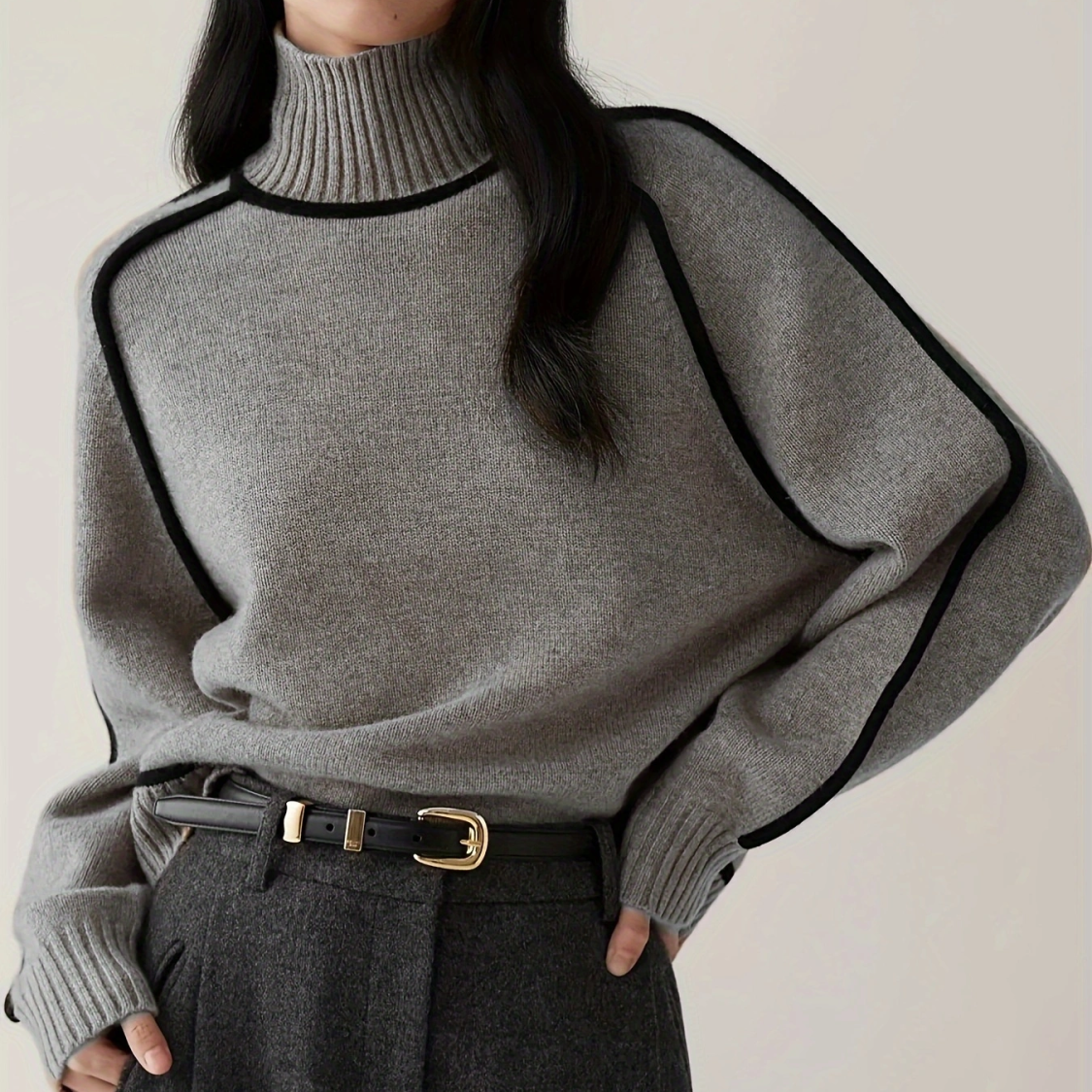 高領插肩針織毛衣 法式感燈籠袖 滾邊設計 寬鬆版型