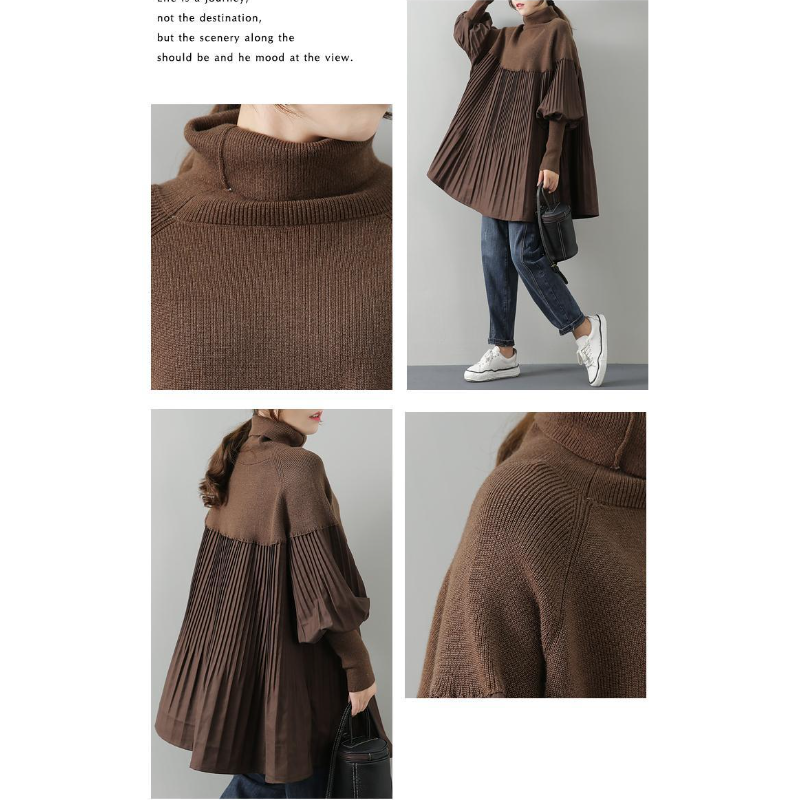 高領針織拼接百褶上衣 寬鬆剪裁 素色氣質 秋冬百搭