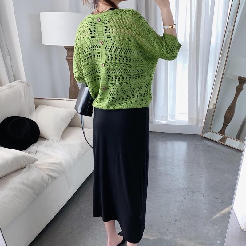 【單品可選】韓版罩衫鏤空蝙蝠袖+連身裙套組兩件套 綁帶紐扣設計透膚時尚感