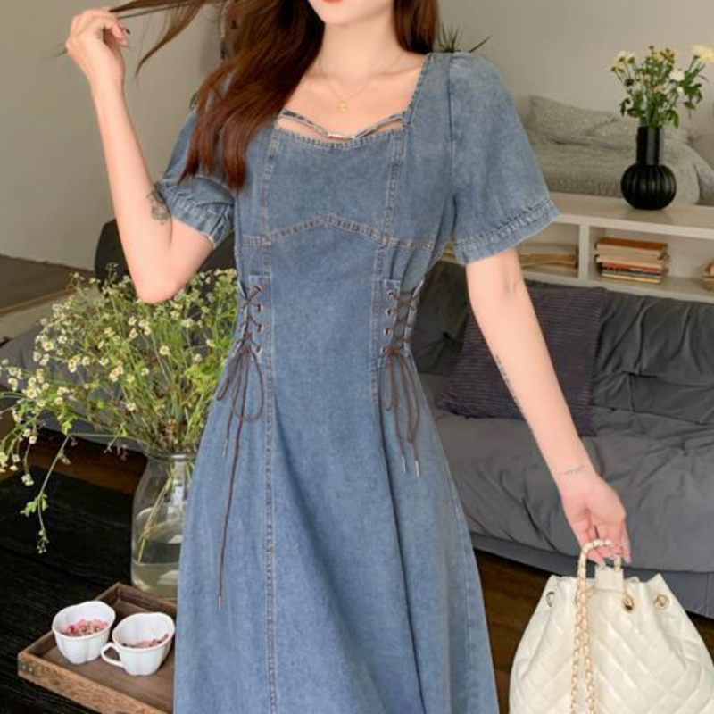 大尺碼法式復古牛仔洋裝｜側綁帶束腰 方領 收腰顯瘦（短版/長版可選）