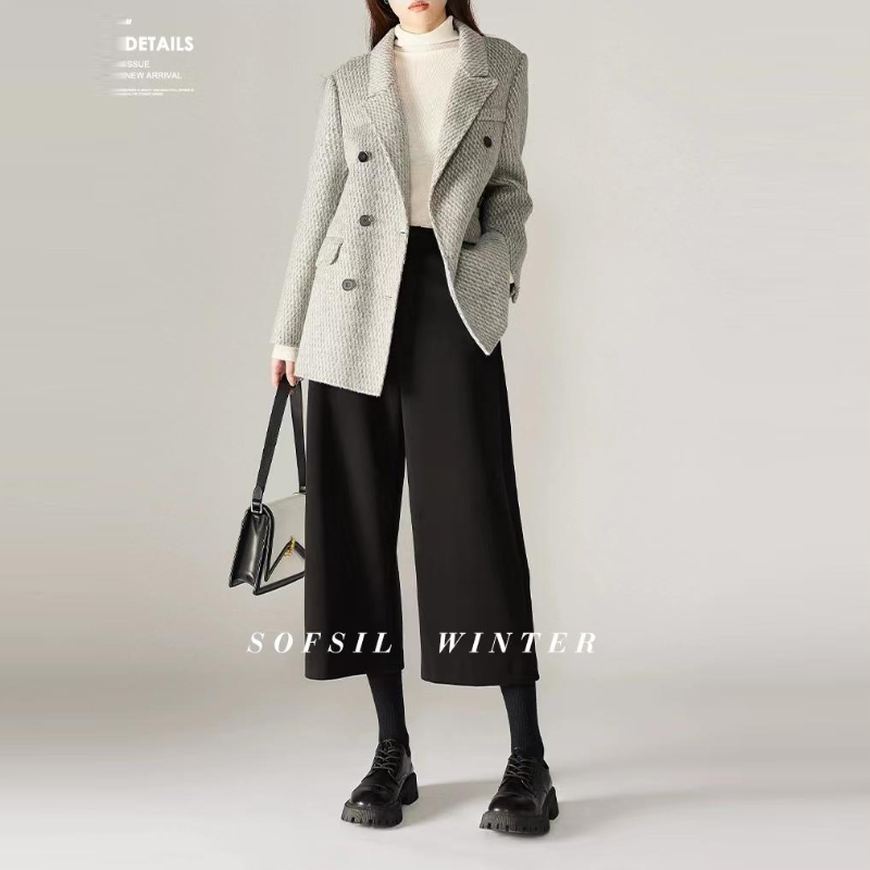 毛呢八分寬褲 秋冬新款休閒寬鬆顯瘦