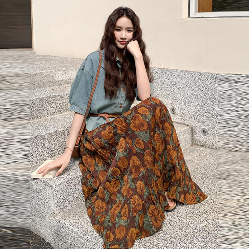 復古兩件式套裝 短袖牛仔襯衫＋碎花中長裙 成套穿搭