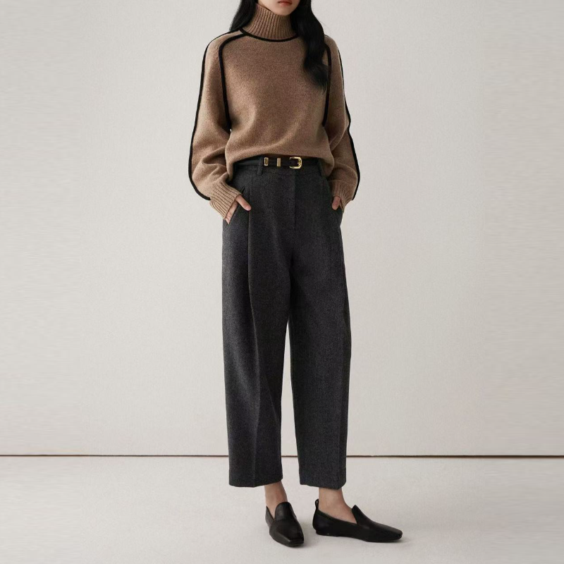 高領插肩針織毛衣 法式感燈籠袖 滾邊設計 寬鬆版型