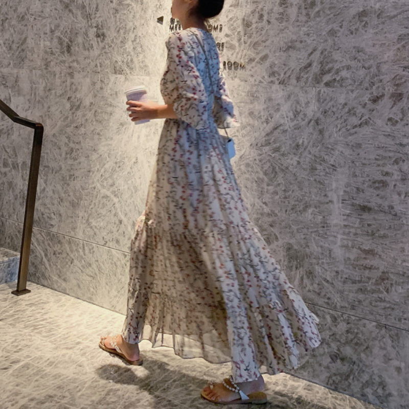 浪漫渡假風碎花雪紡連身裙 森系淑女連身洋裝