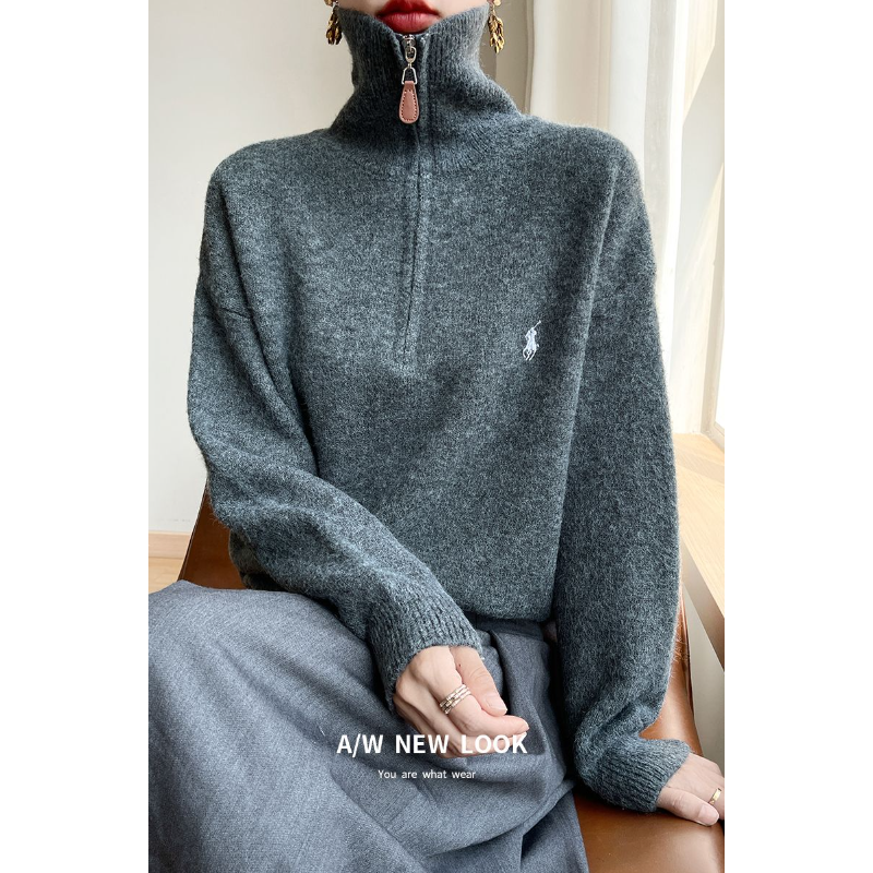 拉鏈翻領針織上衣 寬鬆設計 秋冬必備