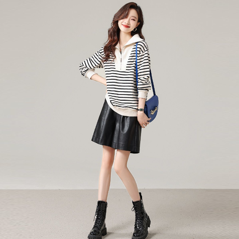 純棉長袖條紋TEE 韓系寬鬆遮肉顯瘦高級感上衣