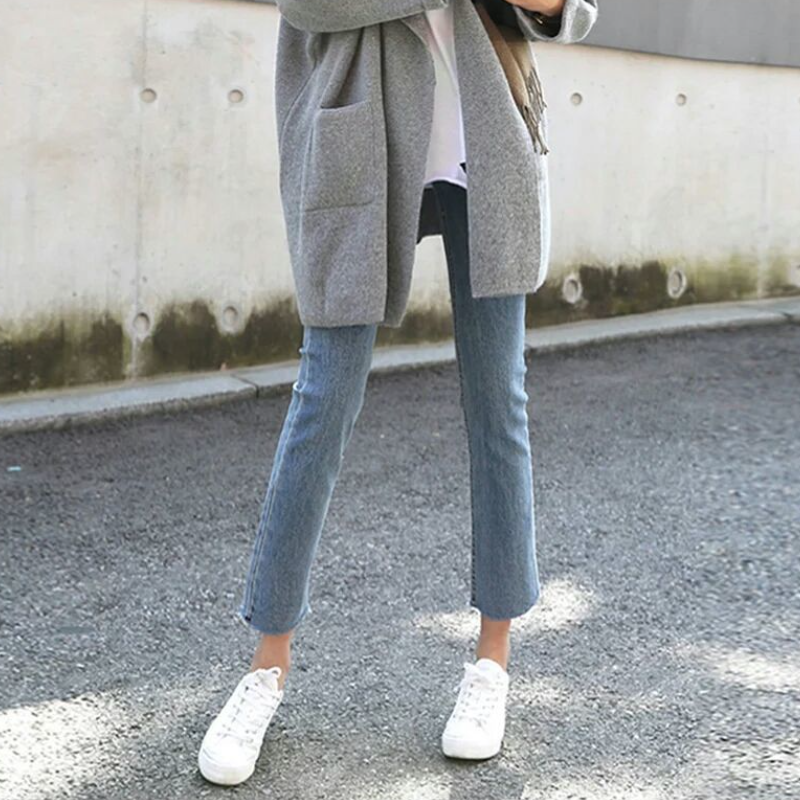 高腰顯瘦破洞牛仔褲-小隻女155九分直筒褲 時尚微喇設計