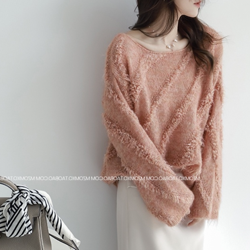 法式慵懶一字領馬海毛毛衣 秋冬外穿寬鬆針織上衣 柔軟蓬鬆