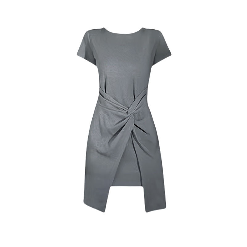 法式氣質收腰短袖連身裙 小眾設計圓領短裙