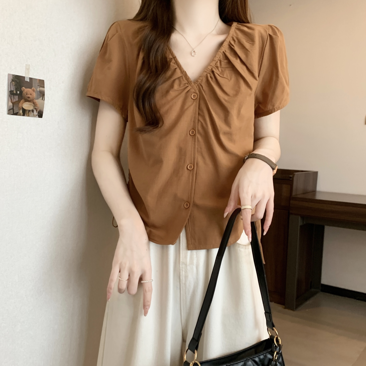設計感皺皺v領短袖襯衫 顯瘦寬鬆百搭抽繩短款上衣
