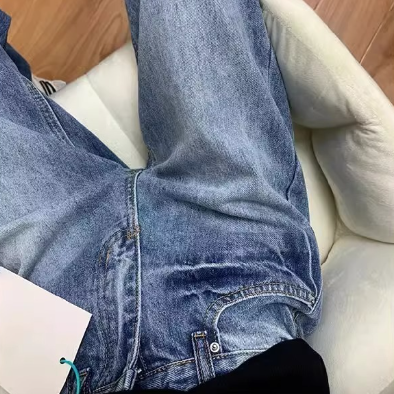 水洗高腰直筒牛仔褲 美式復古 寬鬆寬褲 垂墜感 拖地版