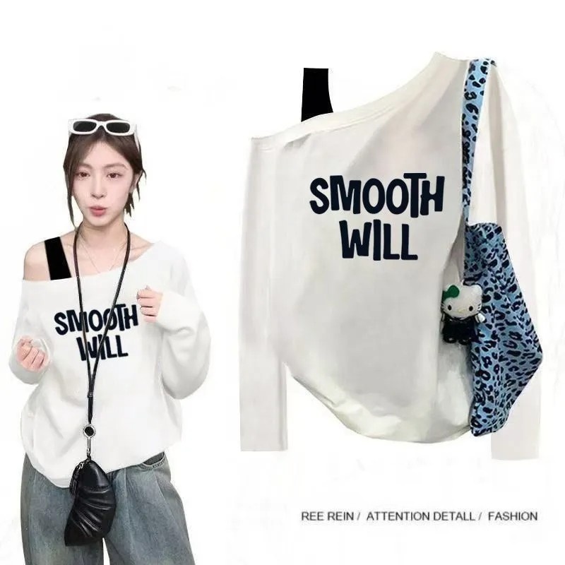 純棉斜肩假兩件長袖T恤 秋季寬鬆 設計感印花 不對稱露肩 百搭