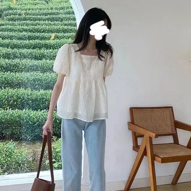 簡約 ‧ 純色方領泡泡袖上衣 宽松短袖襯衫法式肌理感