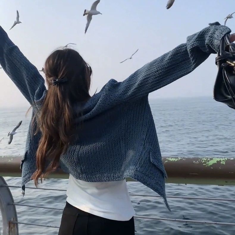 小香風丹寧短版外套 立領金釦 藍色復古感 外搭