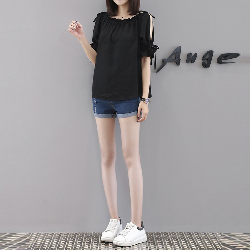 韓版繫帶鏤空寬鬆雪紡衫