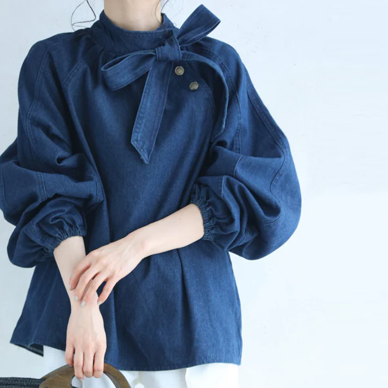牛仔系帶蝴蝶結襯衫 燈籠袖設計 百搭丹寧上衣