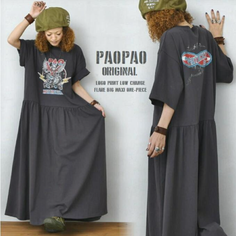 簡約．長版日式前後印花連身裙 短袖長裙