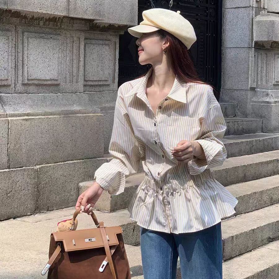 長袖條紋襯衫 抽繩收腰＋荷葉擺 顯瘦有型 秋季上衣