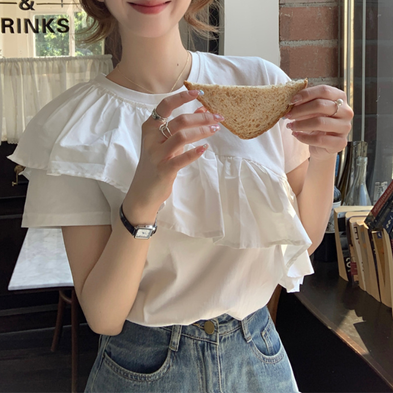 甜美荷葉邊短袖上衣 小眾顯瘦T恤設計感白色