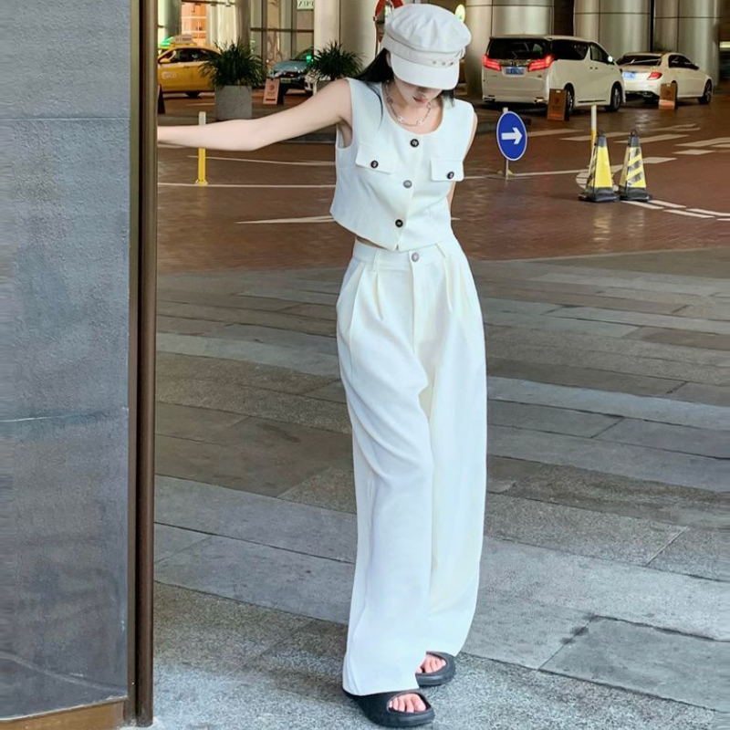 韓系兩件式套裝 無袖背心上衣＋寬褲 垂墜感 寬鬆顯瘦 外穿有型