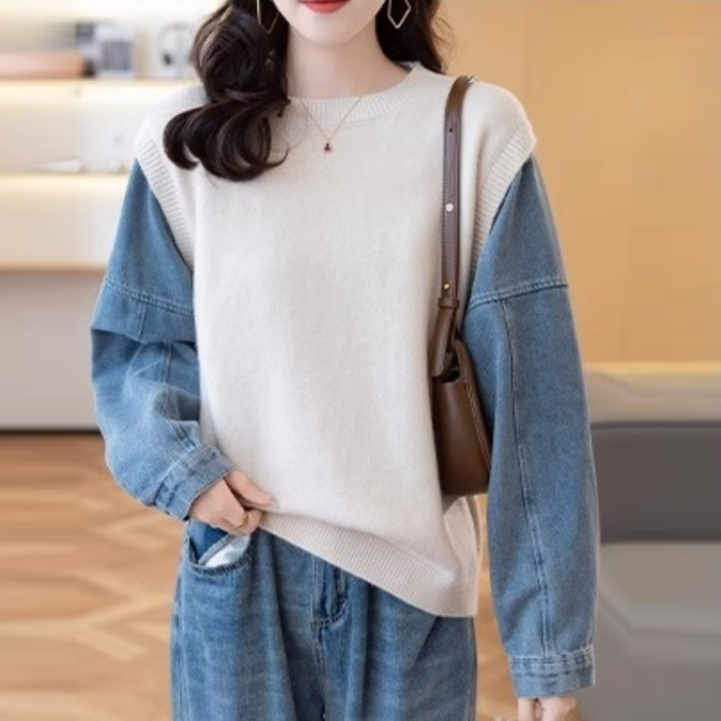 牛仔袖拼接假兩件針織上衣 寬鬆剪裁 秋冬百搭款