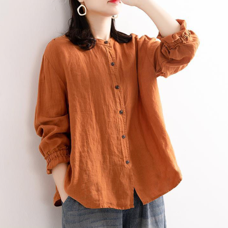 棉麻圓領襯衫外套 文青復古感 春秋長袖 寬鬆版 袖口縮口 好搭上衣