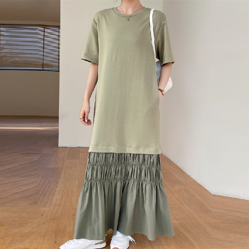 氧氣感落地傘擺洋裝 錯位拼接剪裁 冰絲罩衫藏腹棉質連身裙