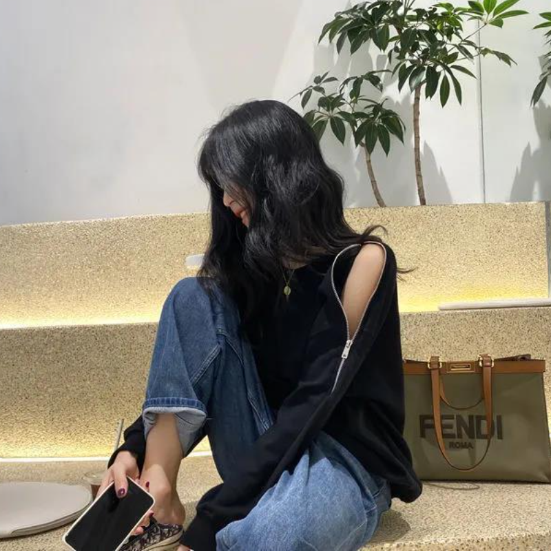 拉鍊露肩大學T 春秋新款 寬鬆顯瘦 長袖圓領