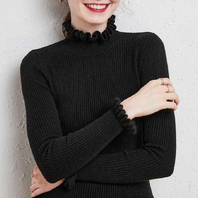 木耳花邊領長袖針織毛衣女 超顯瘦百搭款 保暖半高領毛衣