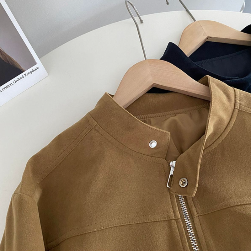 美式復古立領短版夾克 拉鍊門襟 釦帶設計 挺版有型外套