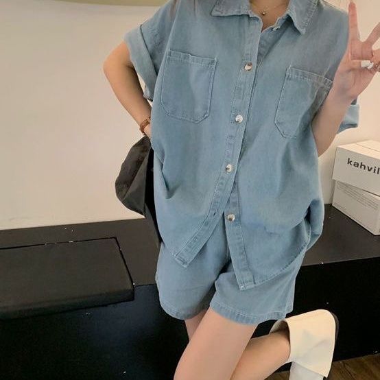 港風復古胖MM休閒短袖襯衫套裝 寬鬆丹寧風短褲套裝 薄款仿牛仔材質