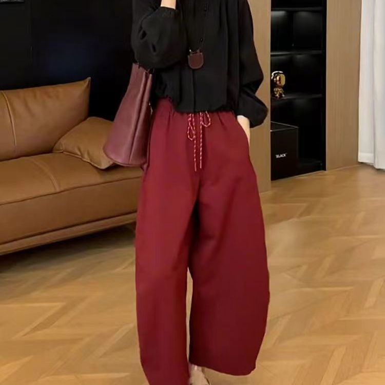 早秋兩件式套裝 圓領長袖上衣＋高腰寬褲 簡約顯瘦 成套穿搭