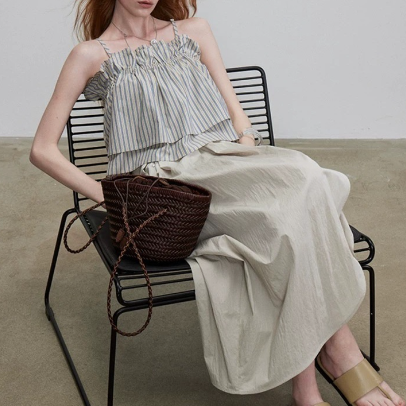 小眾度假風荷葉邊吊帶背心 不對稱開衩半身裙 棉感花苞設計 郁金香大擺中長裙