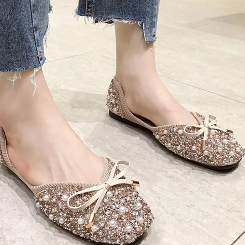 3色 35-43/ 韓版蝴蝶結淺口單鞋 珍珠水鑽平底鞋