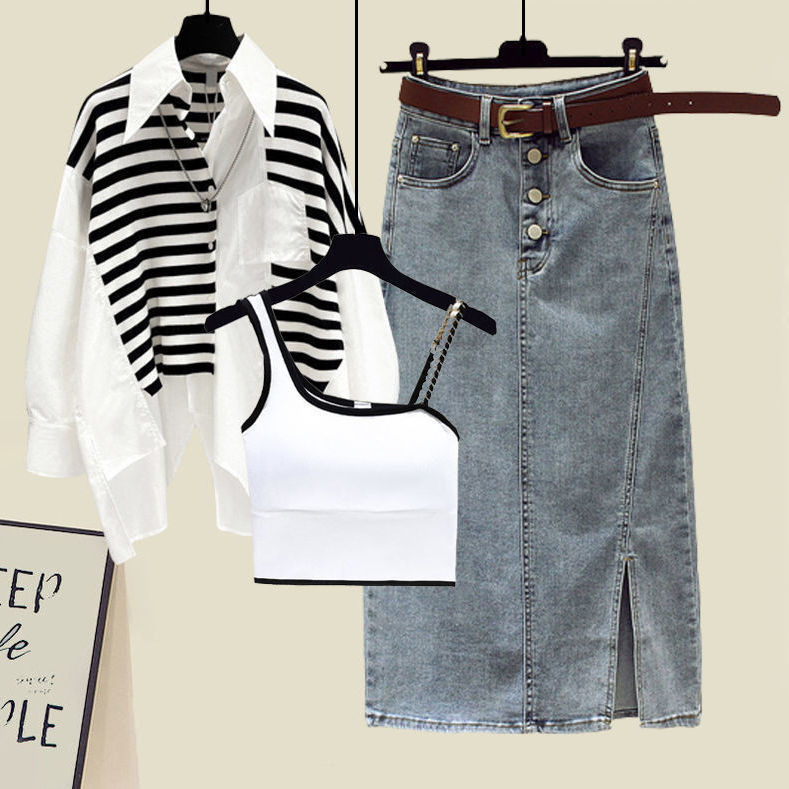 【單品可選】棉花糖救星套組 可拆式三穿機能套組 立體條紋翻領襯衫+美背細肩帶+丹寧半身裙