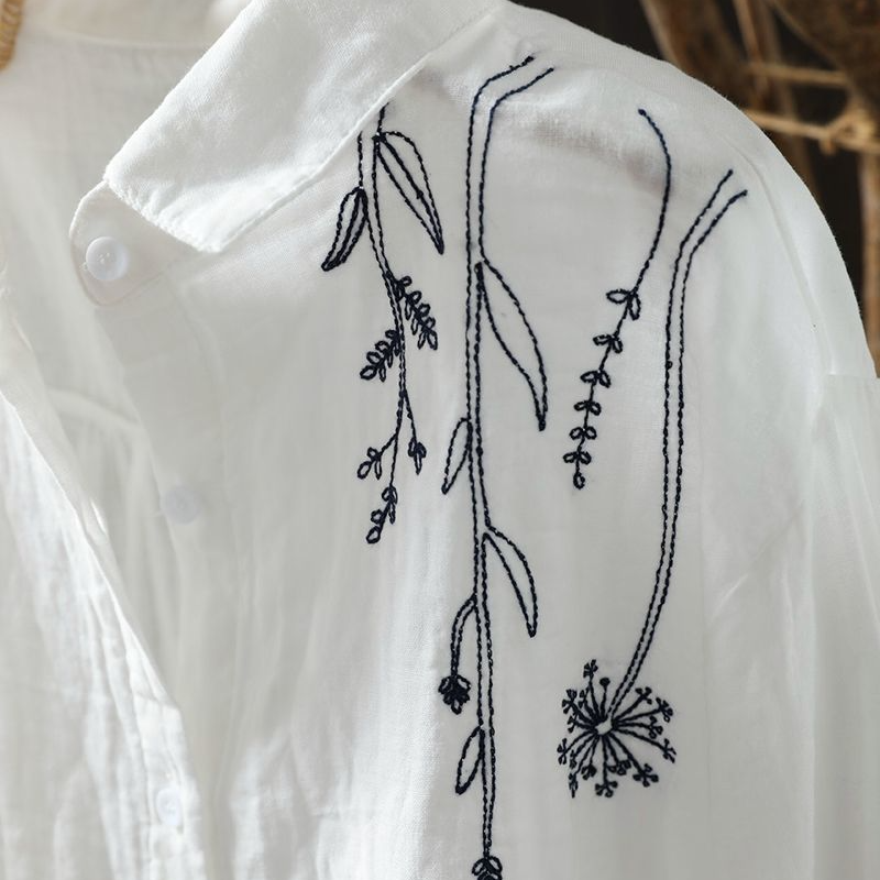 多層次外罩襯衫 微光澤棉麻刺繡上衣 熟齡顯瘦藏肉神器 獨家版型 抗皺透氣閨蜜親子裝穿搭