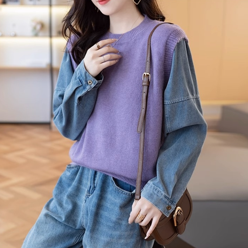 牛仔袖拼接假兩件針織上衣 寬鬆剪裁 秋冬百搭款