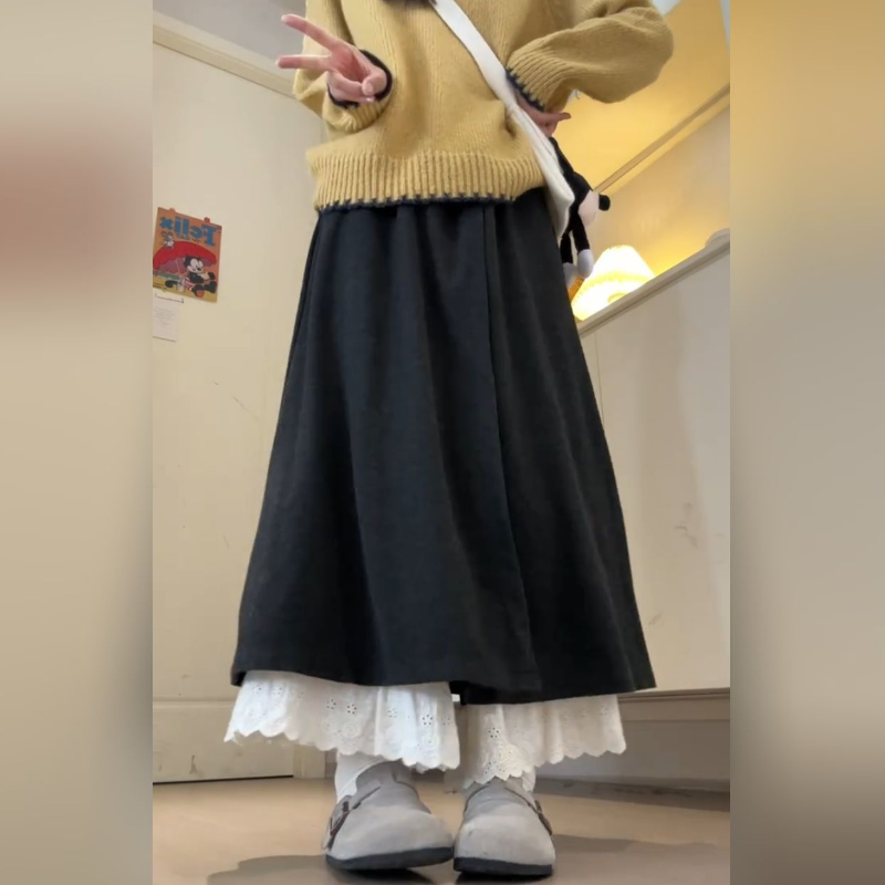 深灰蕾絲拼接褲裙 闊腿垂墜感 嬌小友善 秋季新款